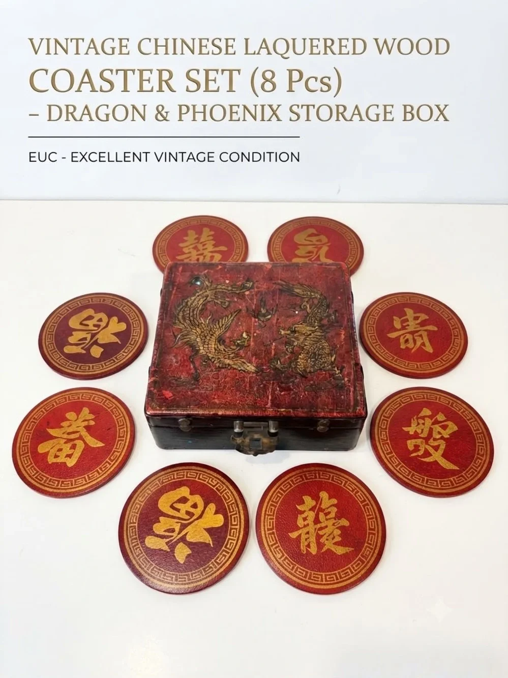 Vintage Chinese Red Lacquered Wood Coaster Set 8 Pcs Dragon Phoenix Case